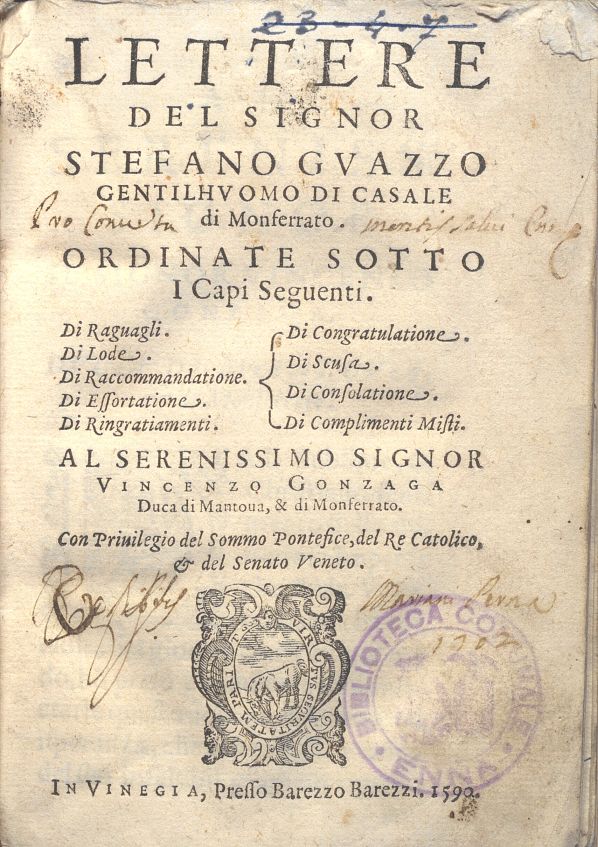 C.34.1.8 – LETTERE DEL SIGNOR STEFANO GUAZZO GENTILUOMO DI CASALE MONFERRATO. 1599